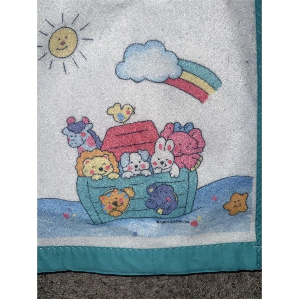 Vintage 1994 Riegel White‎ Baby Blanket Animals Noah's Ark Turquoise Nylon Trim